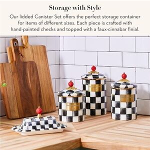 MacKenzie-Childs Black and White Checkered Lidded Canister Set with Red Finials